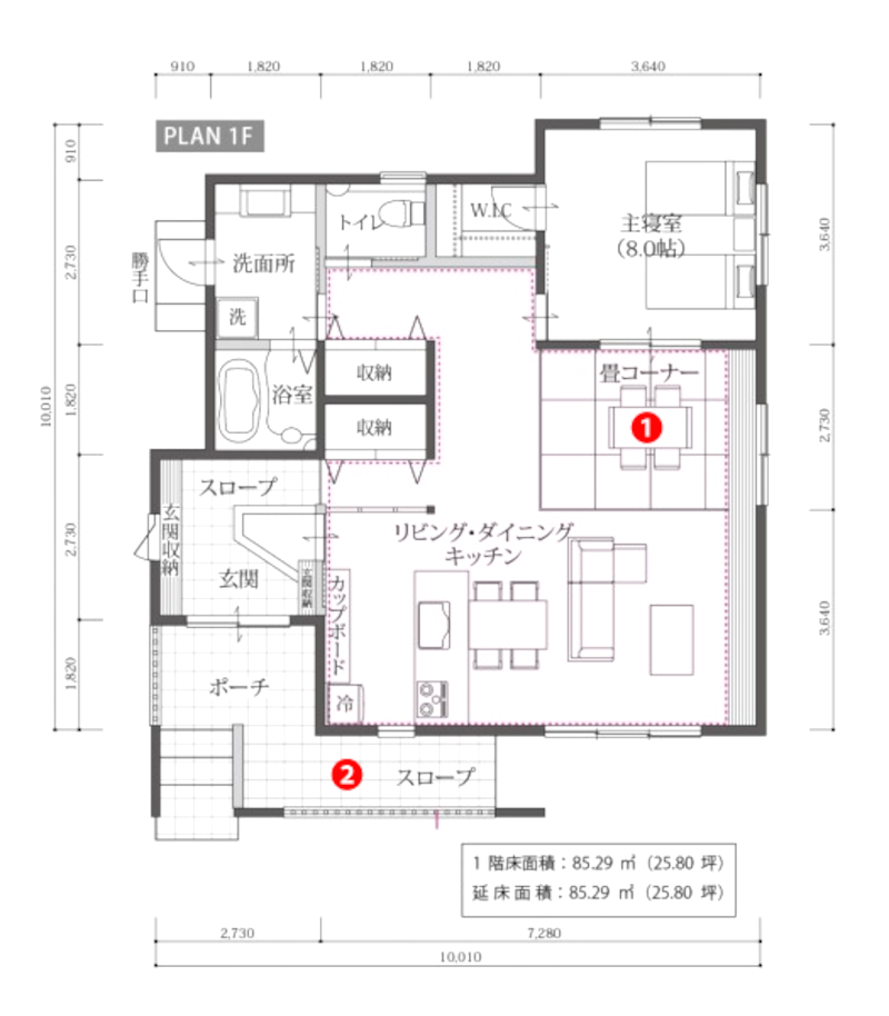 平屋の間取り：1LDK