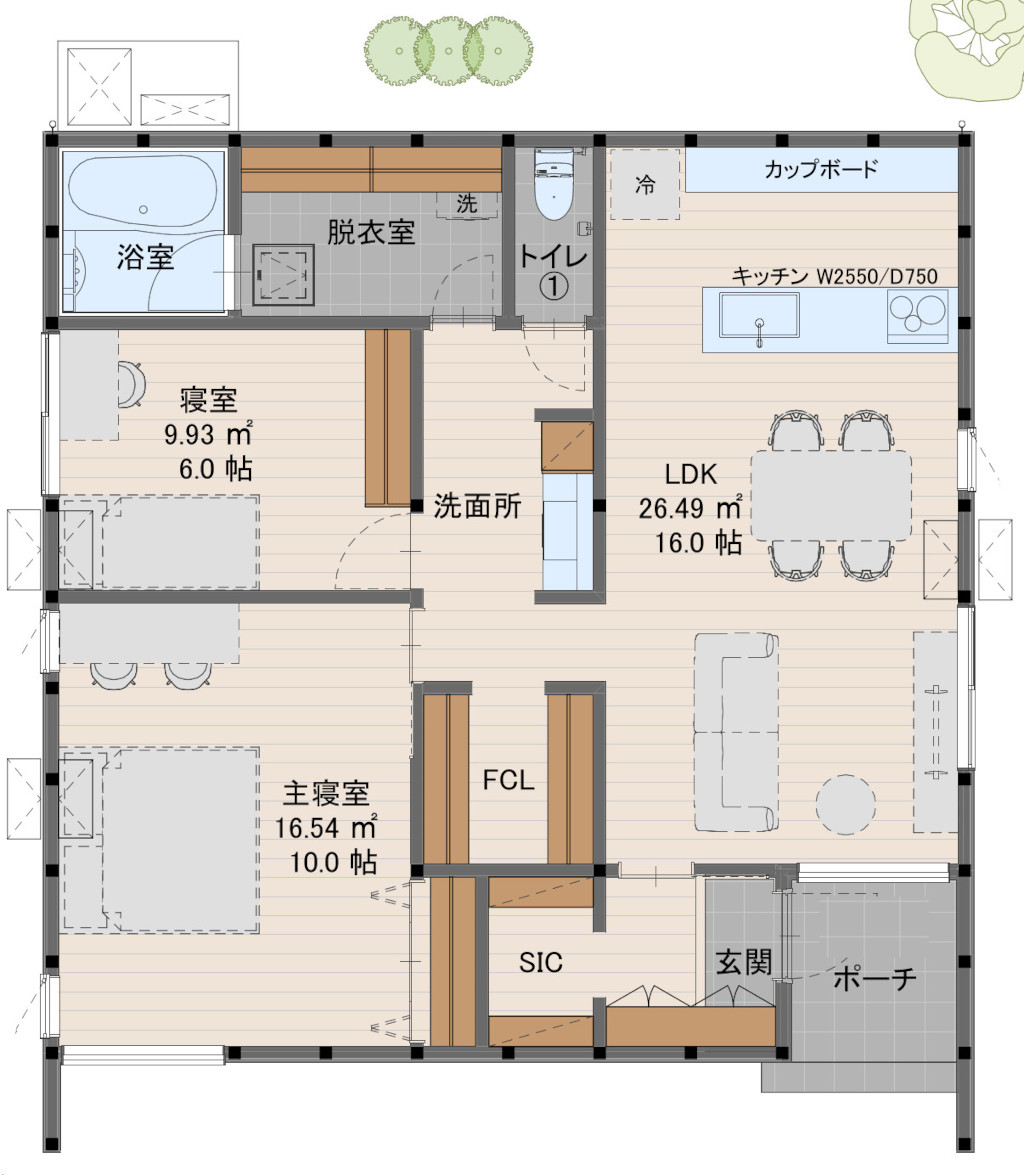 平屋の間取り　2LDK　の収納充実プラン