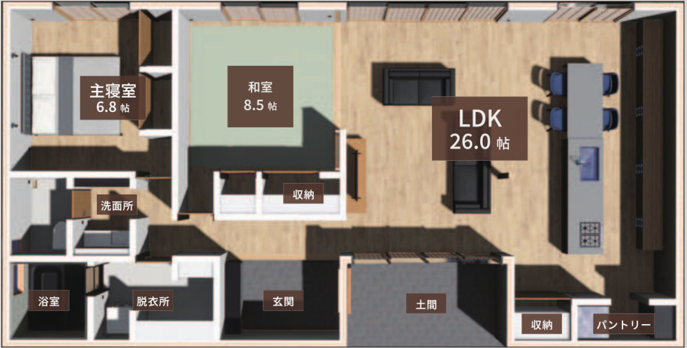 26帖のLDKがある夫婦2人暮らしの平屋の間取り図