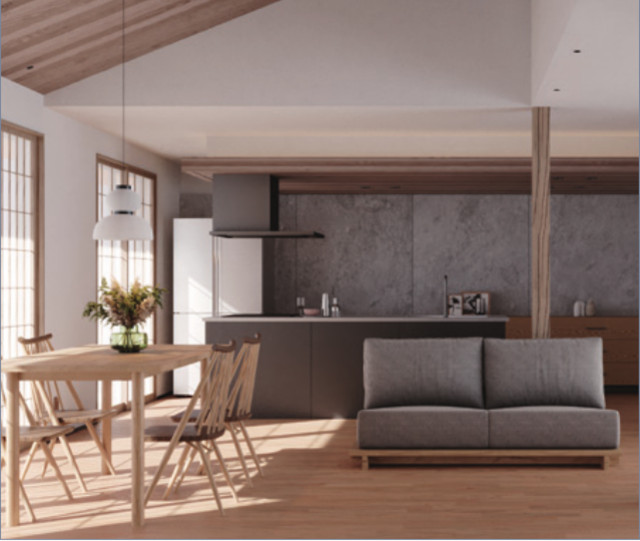 勾配天井がおしゃれな平屋のLDK（リビング・ダイニング・キッチン）