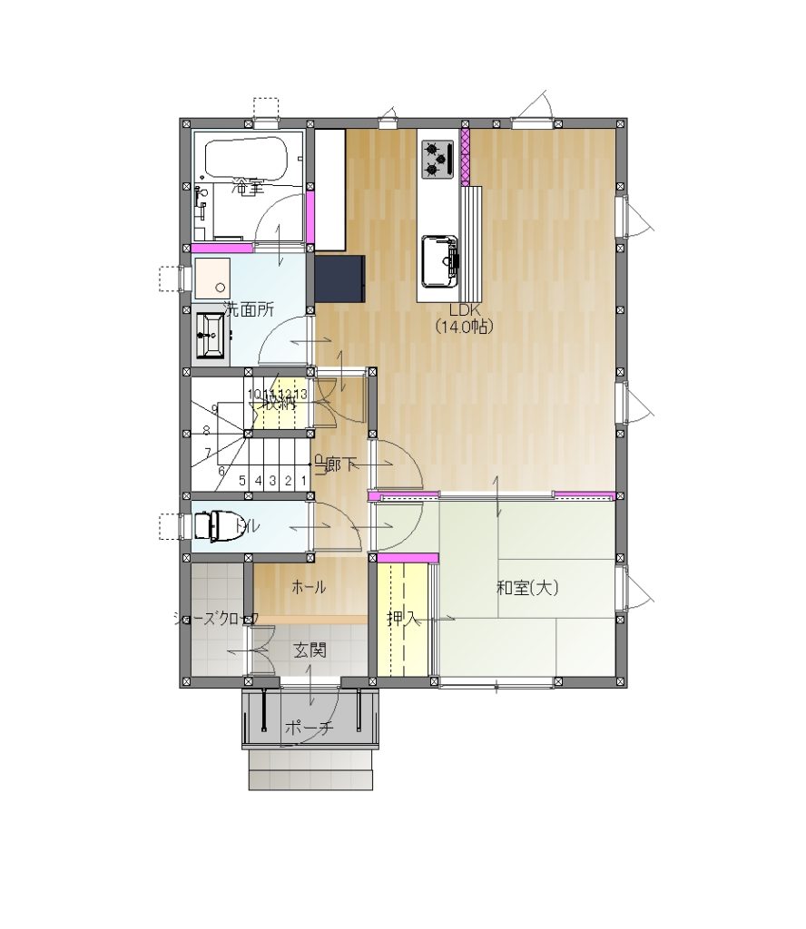 仙台市で30坪4LDKの間取りの注文住宅：ゆったりリビングで家族がくつろげる家の間取りプラン 仙台市で30坪・35坪の間取りでおしゃれな家